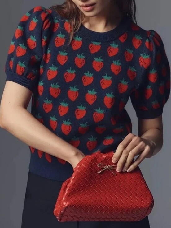 Maeve Sweaters - Maeve Anthropologie Navy Short Puff Sleeve Sweater Red Strawberry Med Novelty
